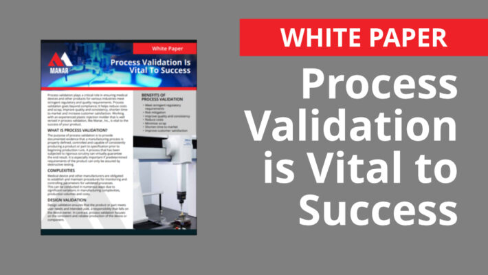 Process Validation | Manar, Inc. | Manar, Inc. White paper cover with a red 'WHITE PAPER' label and the bold title 'Process Validation Is Vital to Success' on a gray background; a small poster is shown on the left.
