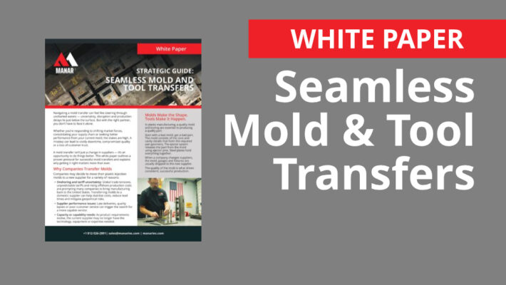 Mold and Tool Transfer | Manar, Inc. | Manar, Inc. White paper poster titled 'Seamless Mold & Tool Transfers' with MANAR logo on the left, and a gray page background on the right side text-heavy layout.