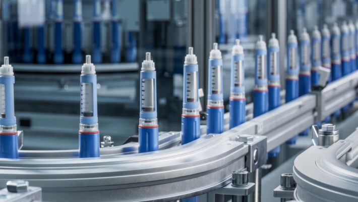Drug Delivery | Manar, Inc. | Manar, Inc. Row of blue and white medical syringes on a production line in a pharmaceutical factory setting.